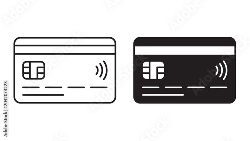 Contactless credit card payment icon set with payment chip and wifi signal symbol in outline and solid black style for fintech apps mobile payments and digital wallet interface design elements