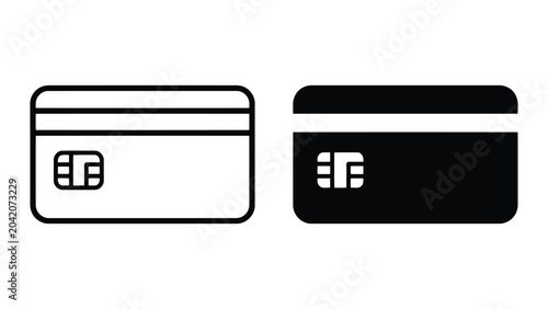 Credit card icons with chip in outline and solid vector styles for financial and payment system design elements isolated on white background