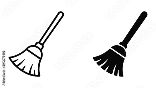 Tableau sur toile Angled broom line and solid glyph icon illustrations symbolizing cleaning sweepi