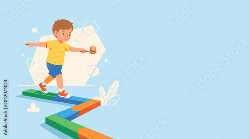 Boy balancing on colorful pencils, creative kid concept