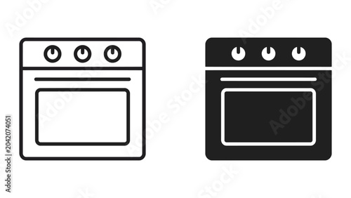 Kitchen oven appliance icons in outline and solid black styles for culinary and appliance branding