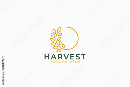 minimalist harvest wheat logo design template with lineart circle grain and gold stalk for bakery organic food business