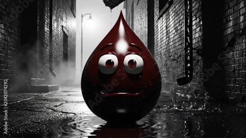 Darkly atmospheric cartoon animation of a smiling blood drop in a gritty urban alley with rainy puddles and moody lighting