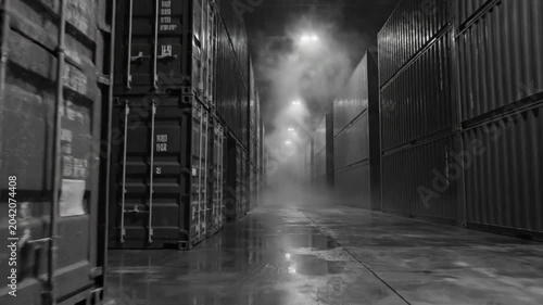 Eerie monochrome shot reveals a misty, rain-slicked shipping yard with stacked containers and ominous atmosphere