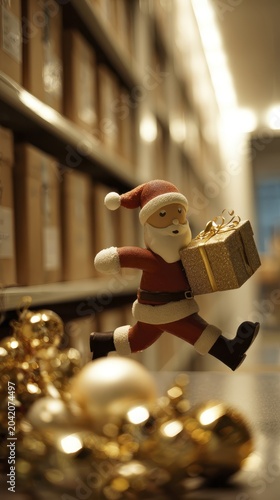 Festive santa figurine delivering gifts in a holiday warehouse setting