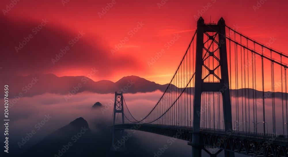 Obraz premium Majestic Suspension Bridge Rising Above a Sea of Clouds During a Vibrant Red Sunset
