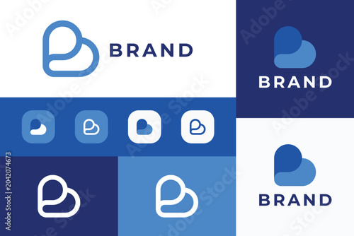 modern letter b monogram logo design template with minimalist lineart and blue shape overlay for tech startup mobile app brand