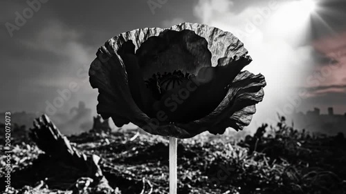 Black and white poppy flower in a desolate war landscape under a bright sky with sun rays symbolizing remembrance and loss