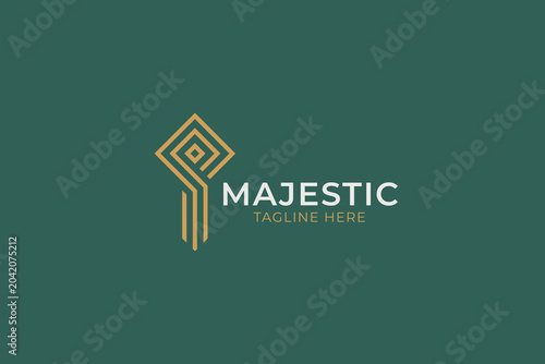 luxury majestic key logo design template with minimalist lineart geometric diamond shape for real estate security brand