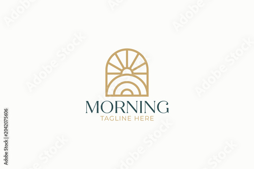 modern morning sunrise farm logo design template with minimalist lineart arched window sun and field for organic agribusiness