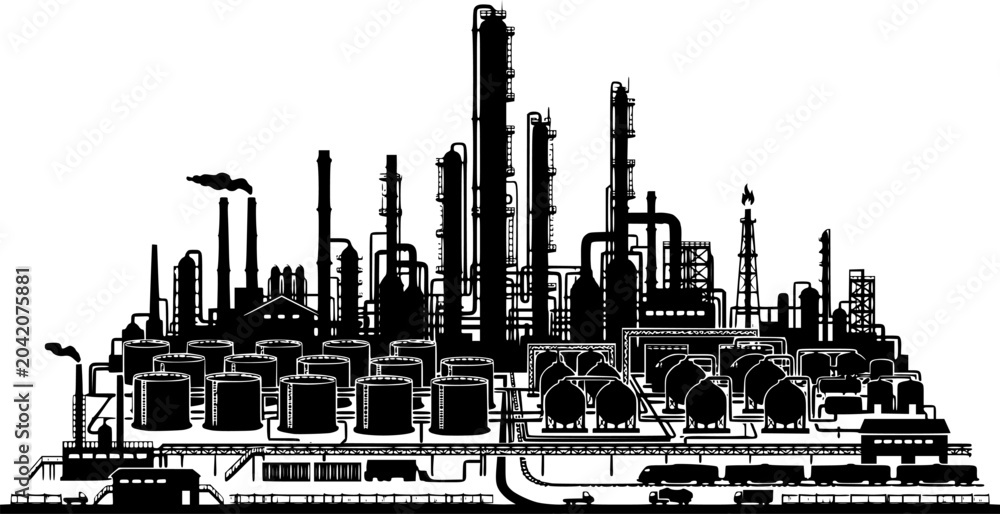 Obraz premium Black silhouette of industrial oil refinery complex with tall distillation towers and storage tanks flat vector design isolated on white background 
