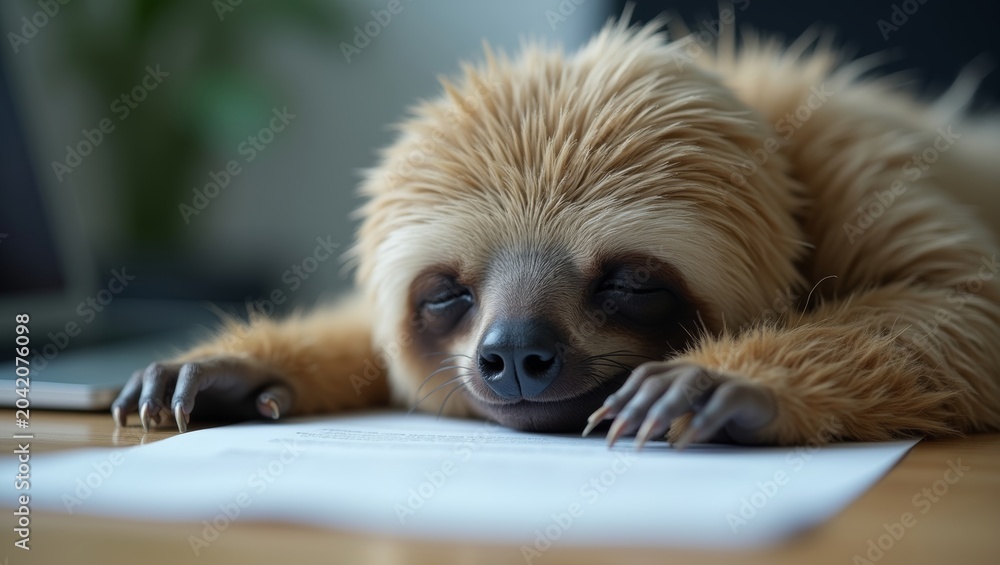 Fototapeta premium Sloth resting on a stack of papers with a blurred office background, showcasing its relaxed demeanor and soft fur texture in a cozy workspace setting