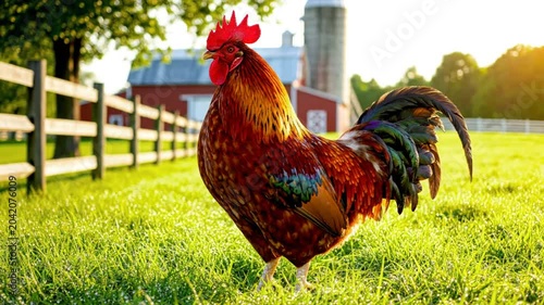 Bright Morning Scene of a Rooster Crowing in a Green Field with a Red Barn in the Background