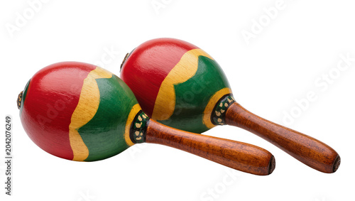 Photos Colorful wooden maracas with red green, and yellow patterns