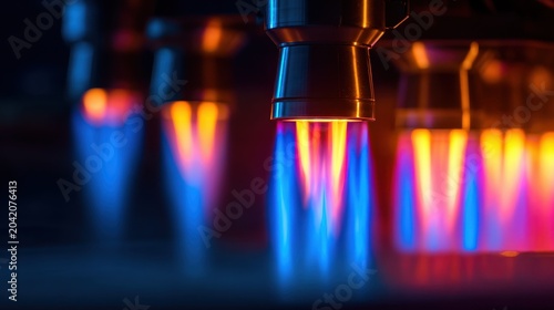 Vibrant flames project from multiple nozzles, creating a mesmerizing display of color and intensity
