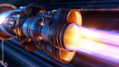 A close-up of a rocket engine's nozzle emitting bright flames, showcasing a dynamic, futuristic design
