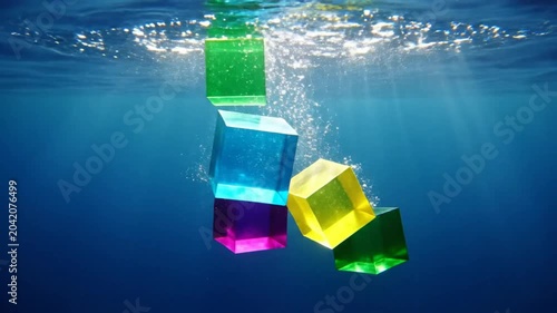 Colorful transparent cubes sinking underwater with sunlight shimmering through the ocean in a tranquil scene