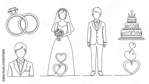 Schilderij op canvas Wedding couple standing together with rings cake and hearts