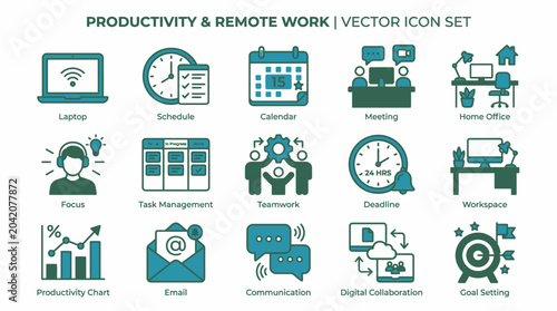 Modern Workplace Efficiency Essential Vector Icons for Remote Teams, Digital Collaboration, and Enhanced Productivity in Virtual Environments