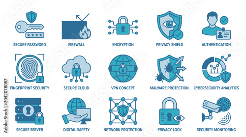 Modern cybersecurity and digital safety concept icons, detailing essential components of network protection, data privacy, and online security solutions