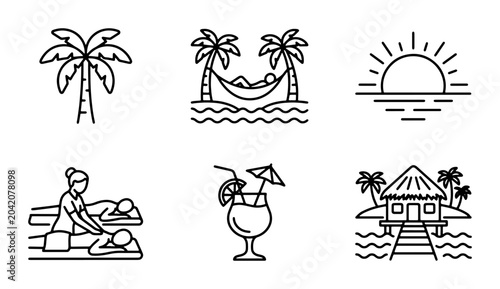 Bild auf Leinwand Tropical Vacation Icons: Palm Trees, Hammock, Sunrise, Massage, Cocktail, Bungal