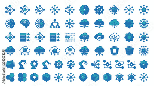 Comprehensive Collection of Artificial Intelligence Concepts and Data Technology Icons for Digital Innovation, featuring Machine Learning and Cloud Computing Symbols