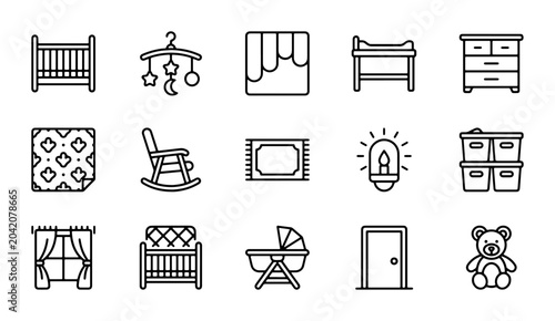 Foto Nursery Furniture and Decor Icons, Baby Room Essentials, Vector Graphics for Chi