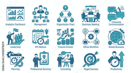 Collection of Business Icons, Representing Analytics, Management, Organization, Corporate Communication, and More