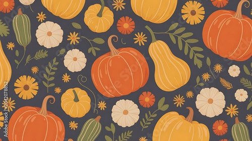 Fall pattern with pumpkins gourds flowers on dark background pumpkins