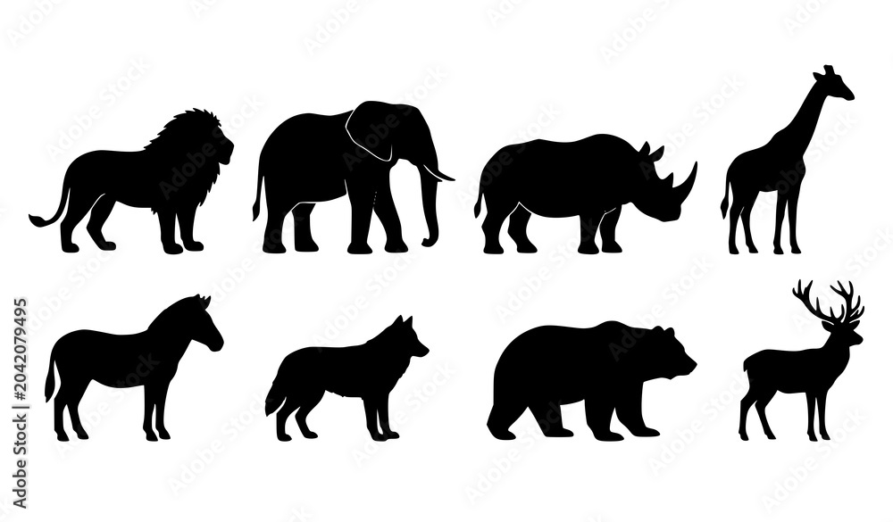 Fototapeta premium Wild Animal Silhouette Collection with Lion Elephant Rhino Giraffe Zebra Wolf Bear and Deer Profiles