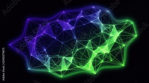 Abstract digital network structure with interconnected nodes and lines in vibrant green and purple colors against a dark background, representing technology and data visualization