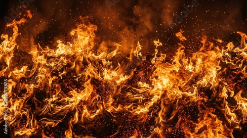 Bright orange flames with glowing embers and sparks rising against a dark background, creating a dynamic and intense visual of fire in motion