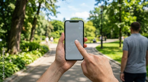 Person holding smartphone with blank screen while walking in a park, trees and greenery visible along the pathway with people in the background