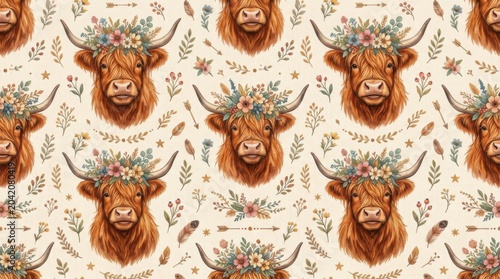 Highland cow heads adorned with floral crowns repeat in a seamless pattern on a light beige background, featuring leaves and decorative elements throughout the design