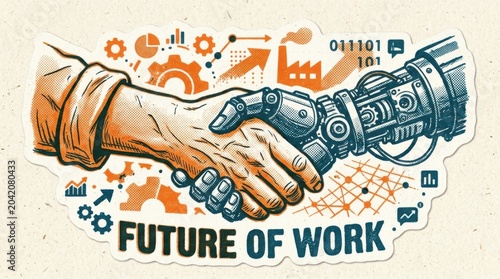 Illustration of human hand shaking robotic hand symbolizing collaboration in the future of work, with digital elements and graphs in the background