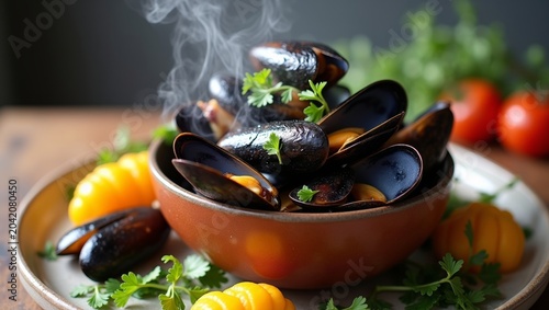 Steaming bowl of mussels garnished with fresh herbs and accompanied by yellow cherry tomatoes on a wooden table with green foliage in the background