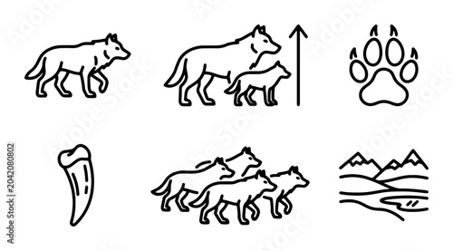 Billede på lærred Wolf Pack Icons, Wildlife Symbols, Animal Graphics, Nature Elements, Vector Set