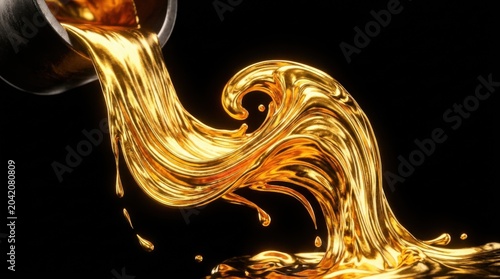 Liquid gold pouring from a metallic container, creating a swirling pattern against a black background, showcasing the fluidity and shine of the substance