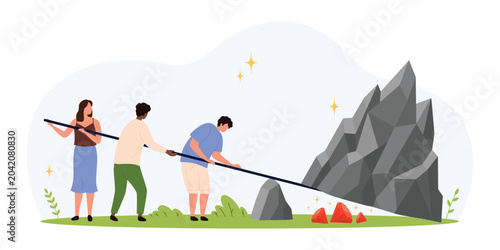 Three people cooperate using a long rod as a lever to move a large mountain symbolizing teamwork, problem solving, and collective effort in a flat style isolated vector illustration