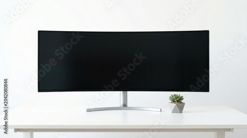 Curved computer monitor with a sleek design placed on a modern white desk, featuring a small potted plant in a geometric planter beside it
