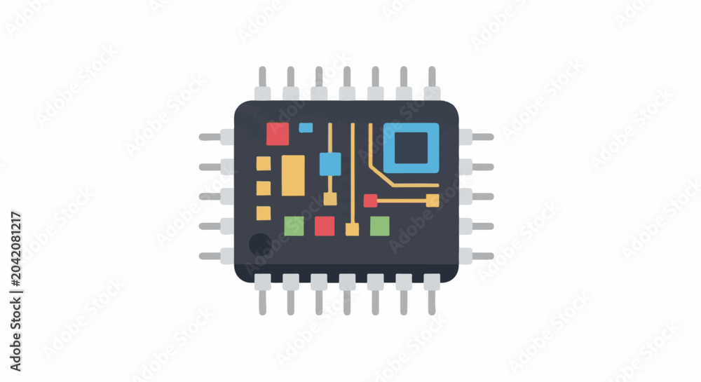 Fototapeta premium Flat design illustration of a dark gray integrated circuit chip with multiple pins