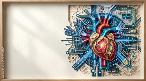 Heart illustration integrated with digital circuitry design, featuring vibrant colors and intricate details, framed in a wooden border with a blank space for text