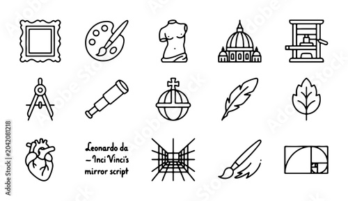 Foto Leonardo da Vinci Icons Set, Renaissance Art & Science Symbols, Vector Collectio