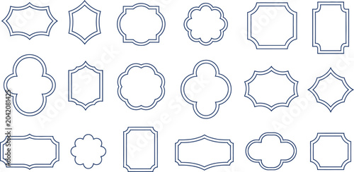 Assorted decorative frames and labels in blue outline