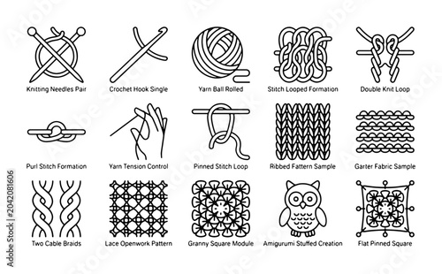 Fotografie Knitting and Crochet Icons: Yarn, Stitches, Patterns, Amigurumi, Crafting Tools