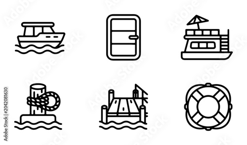 Foto Nautical Icons Set: Boat, Dock, Lifebuoy, Mooring Post, Door, Houseboat Vector G
