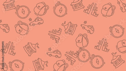 Backpacks, compasses, cars, temple gates pattern line art on orange background travel icons. Suitable for travelthemed designs and products.