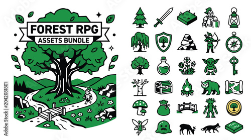 Foto Forest RPG assets bundle, fantasy game icons set with 25 elements, green nature