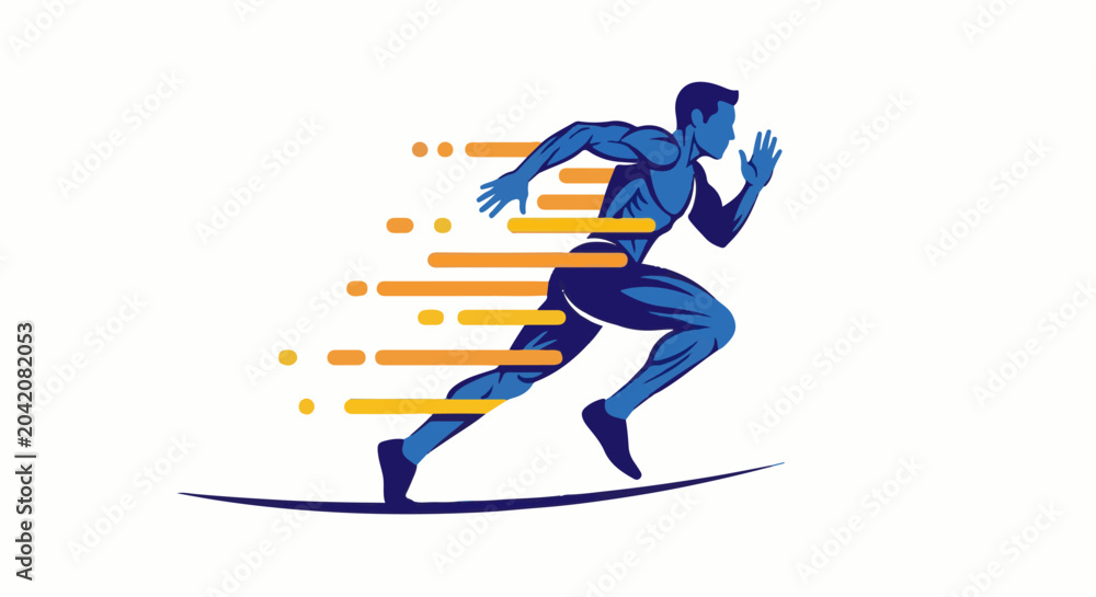 Fototapeta premium Dynamic blue runner with orange and yellow streaks, representing speed