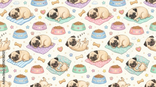 Pattern illustration featuring multiple cartoon pugs in various sleeping positions on colorful mats with food bowls and bones scattered throughout the design